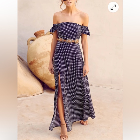 Dream Love Navy Blue Polka Dot Off-the-Shoulder Maxi Dress - Picture 3 of 9